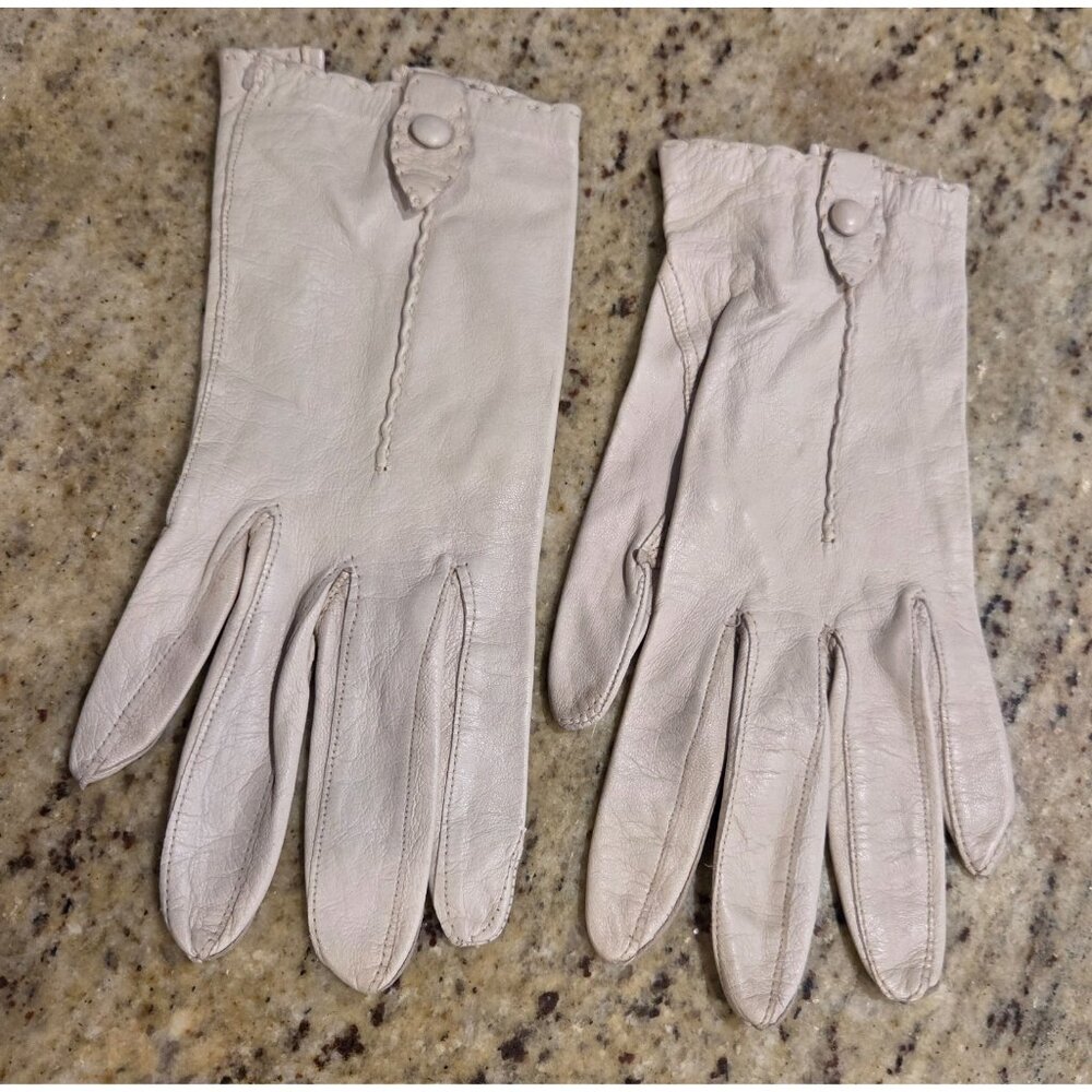 Vintage Womens Size 6 1/4 Xs S Beige Soft Kid Leather 8" Short Gloves Madova